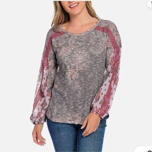One World Lantern Sleeve Boho Top Womens Large Textured Knit Chiffon Lace Artsy